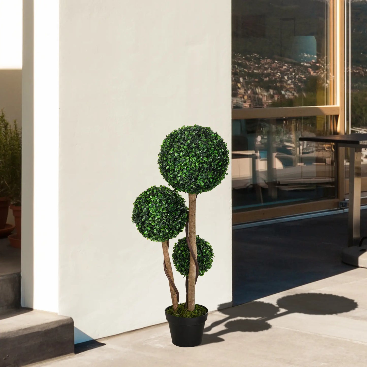 35 Inch Artificial Boxwood Topiary Tree, Triple Ball, Dark Green Artificial Trees at Gallery Canada