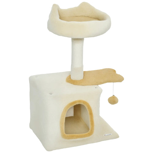 28 Inch Cat Tree Tower with Plush Bed, Condo, Sisal Post, Perch, Dangling Ball, Beige and Yellow
