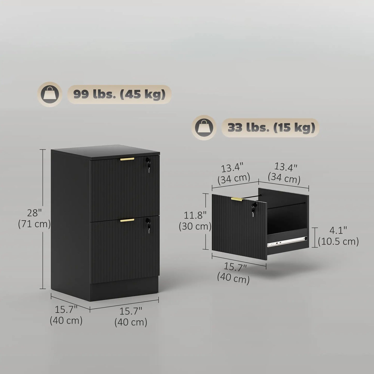 Lockable Filing Cabinet, 2 Fluted Drawers, Adjustable Hanging Rails, Black Office Cabinets & Cupboards at Gallery Canada