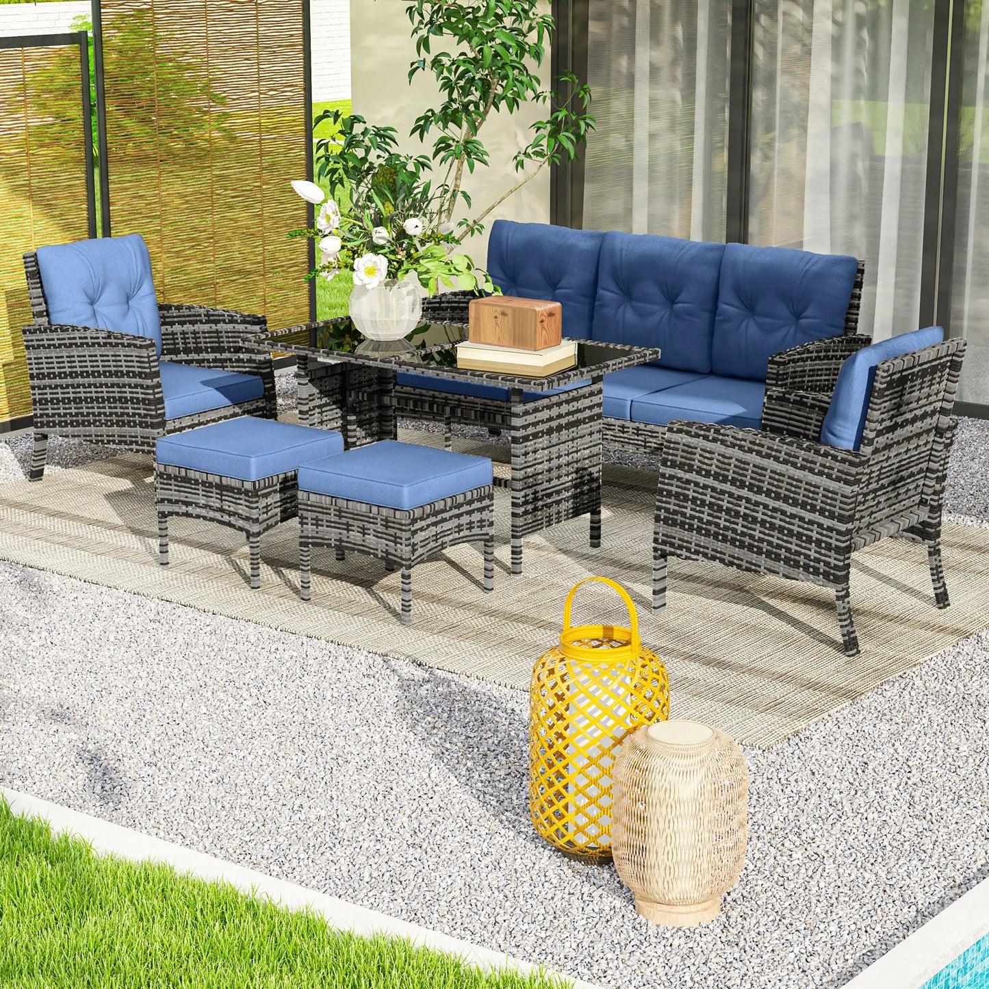 6 Piece Patio Set, Chairs, Ottomans, Sofa, Glass Table, Navy Blue Patio Furniture Sets at Gallery Canada