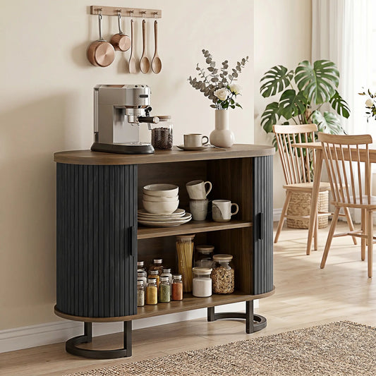 Sideboard Buffet Cabinet with Curved Tambour Doors, Brown/Black Storage Cabinets Brown Wood Grain, Black at Gallery Canada