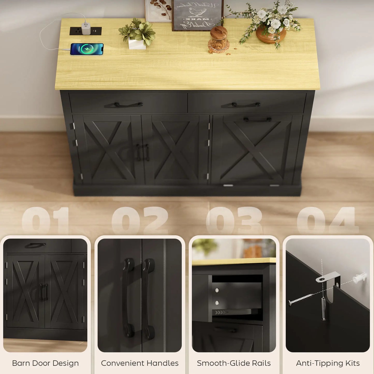 7 Gallon Tilt Out Garbage Cabinet, Kitchen Island With Charging Station, Black Storage Cabinets at Gallery Canada