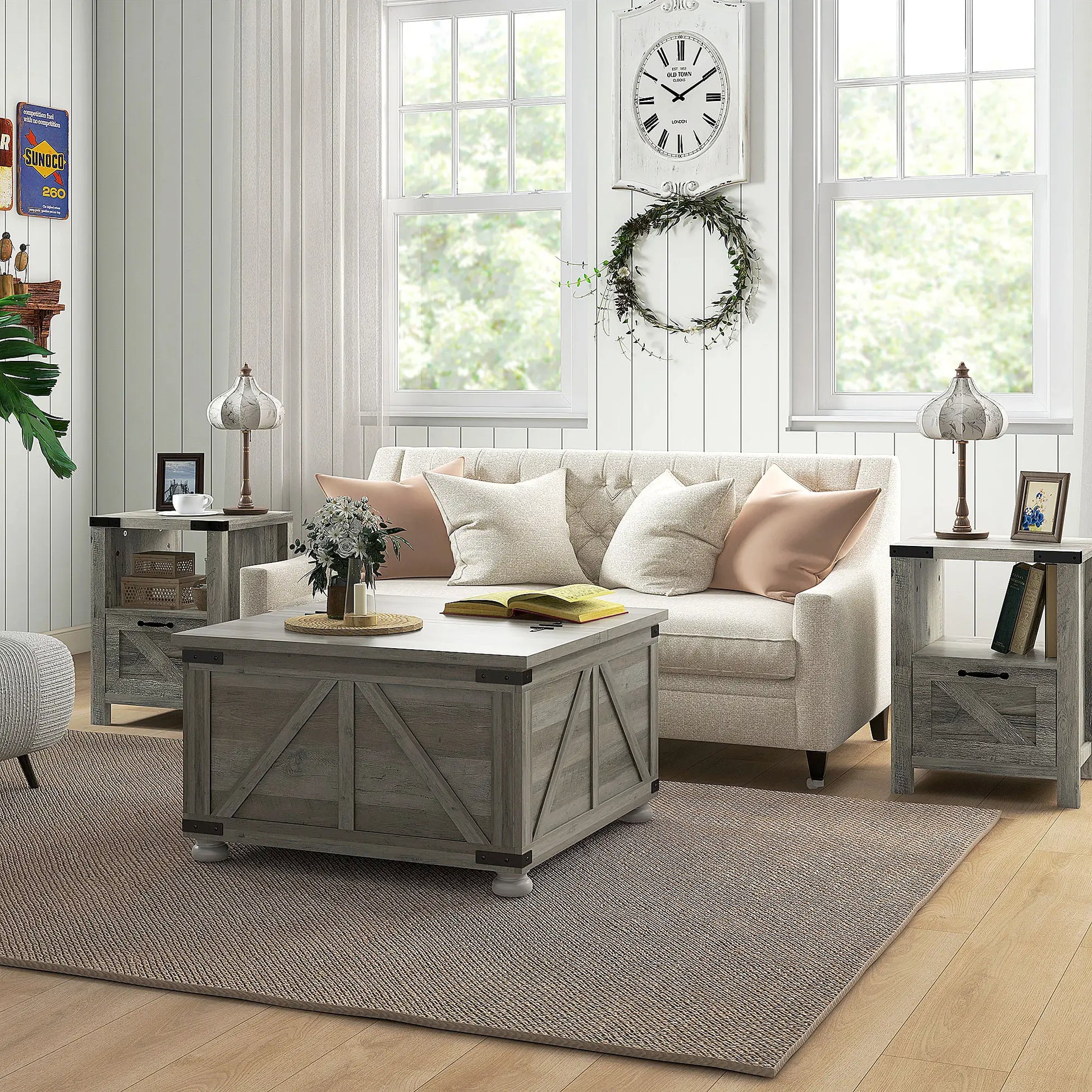 Farmhouse Coffee Table, Square Flip-Top Lid, Hidden Storage, Distressed, Grey Coffee Tables at Gallery Canada