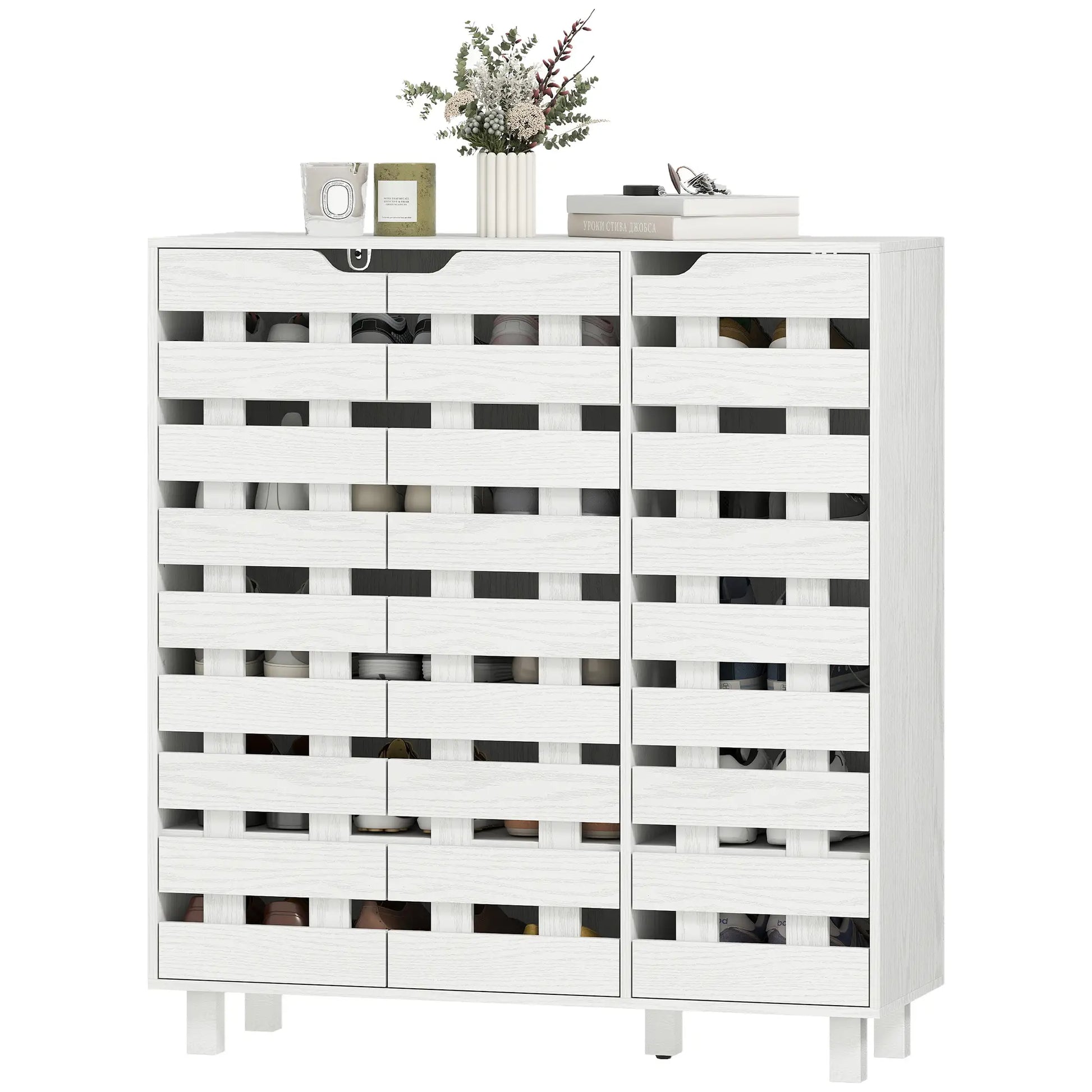 Shoe Cabinet, 21 Pair Storage with Hollowed-Out Doors, White Shoe Storage Cabinets & Racks White at Gallery Canada