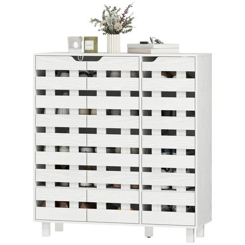 Shoe Cabinet, 21 Pair Storage with Hollowed-Out Doors, White
