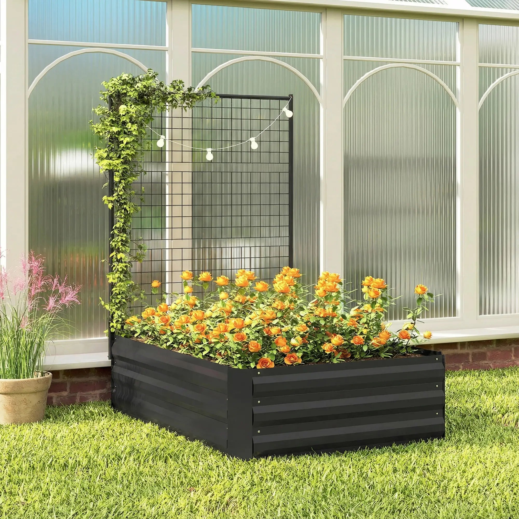 Galvanized Raised Garden Bed With Trellis, Open Bottom Planter Box, Black Galvanized Planter Boxes at Gallery Canada