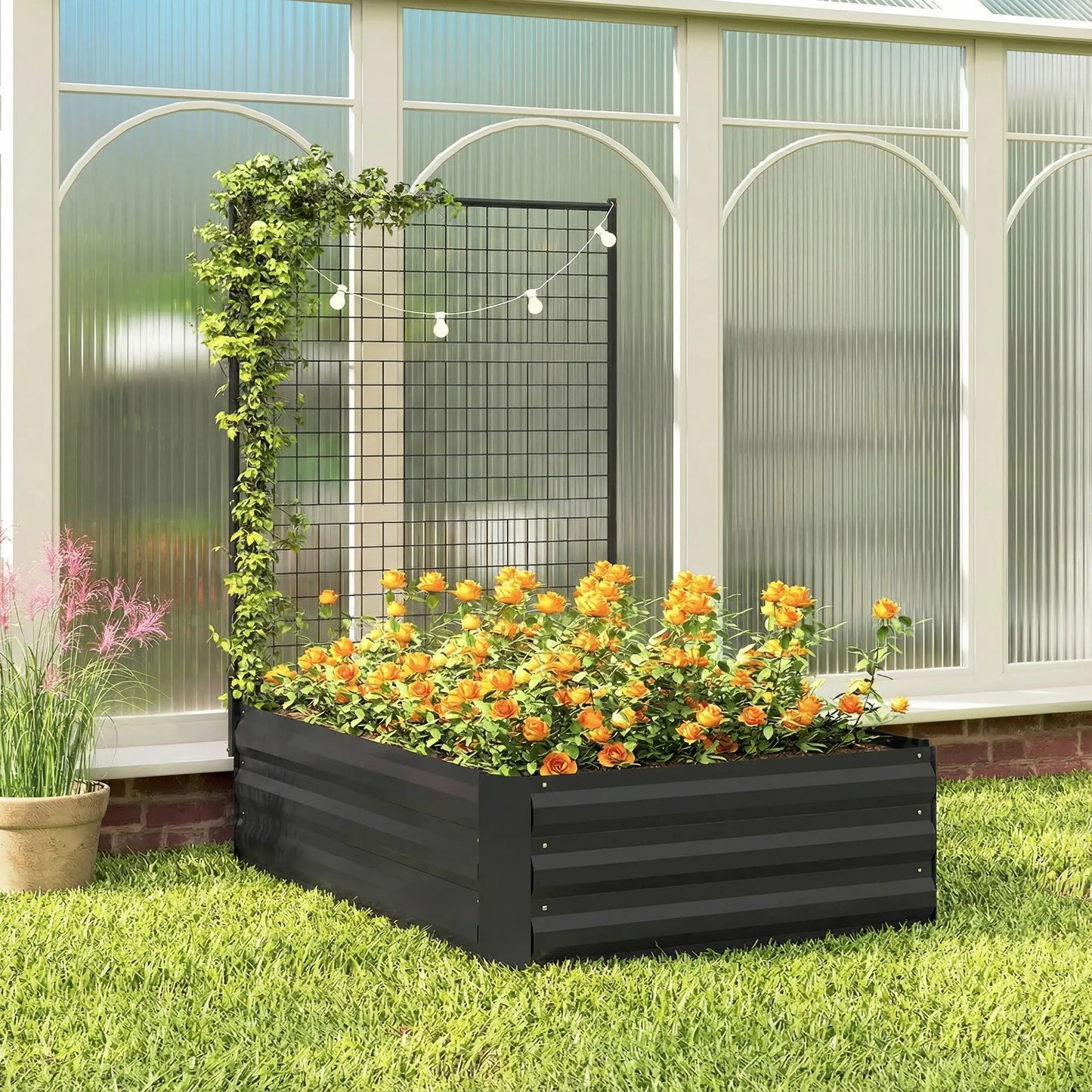 Galvanized Raised Garden Bed With Trellis, Open Bottom Planter Box, Black Galvanized Planter Boxes at Gallery Canada