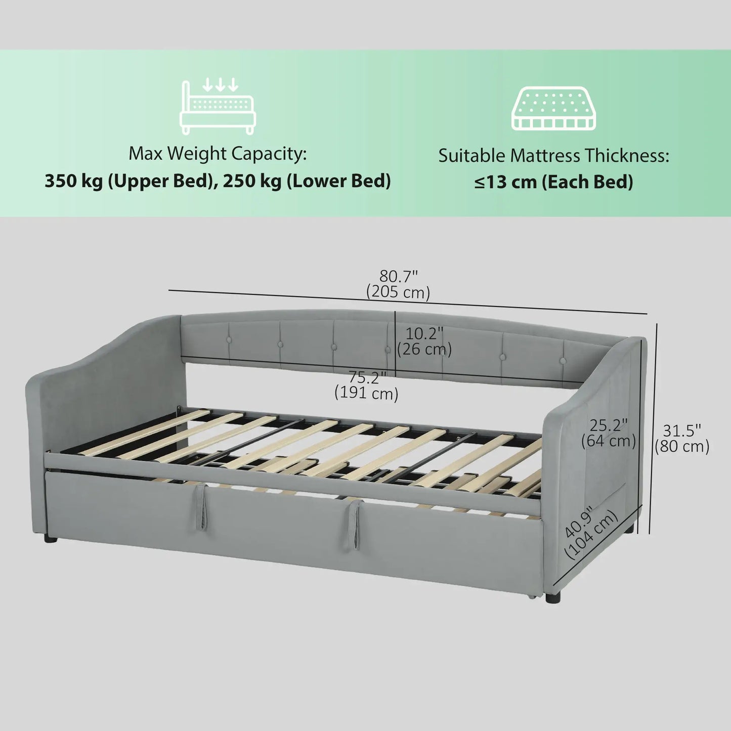 Upholstered Twin Size Trundle Bed, With Headboard And Pockets, Light Grey