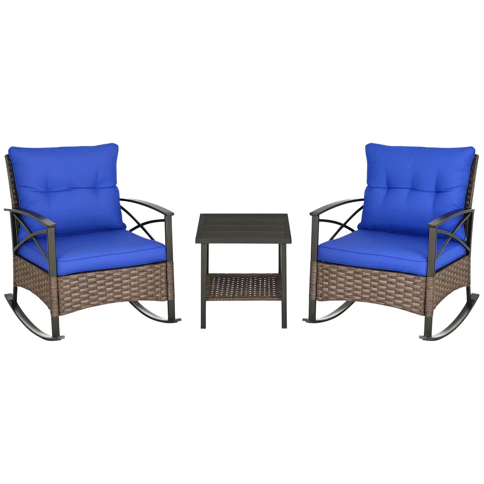 3 Pcs PE Rattan Rocking Chair Set, Bistro Set with Table, Dark Blue Outdoor Rocking Chairs at Gallery Canada