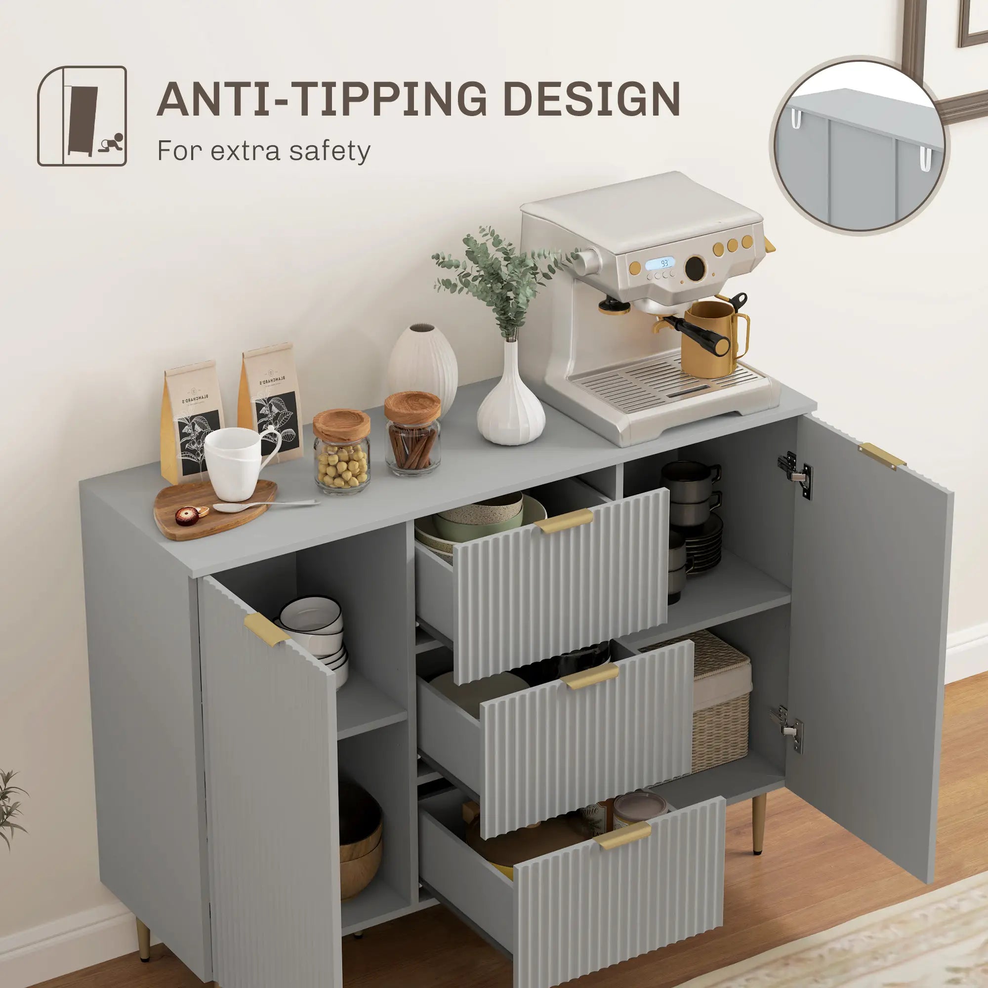 Modern Kitchen Storage Cabinet, 3 Drawers, Adjustable Shelves, Grey Bar Cabinets at Gallery Canada