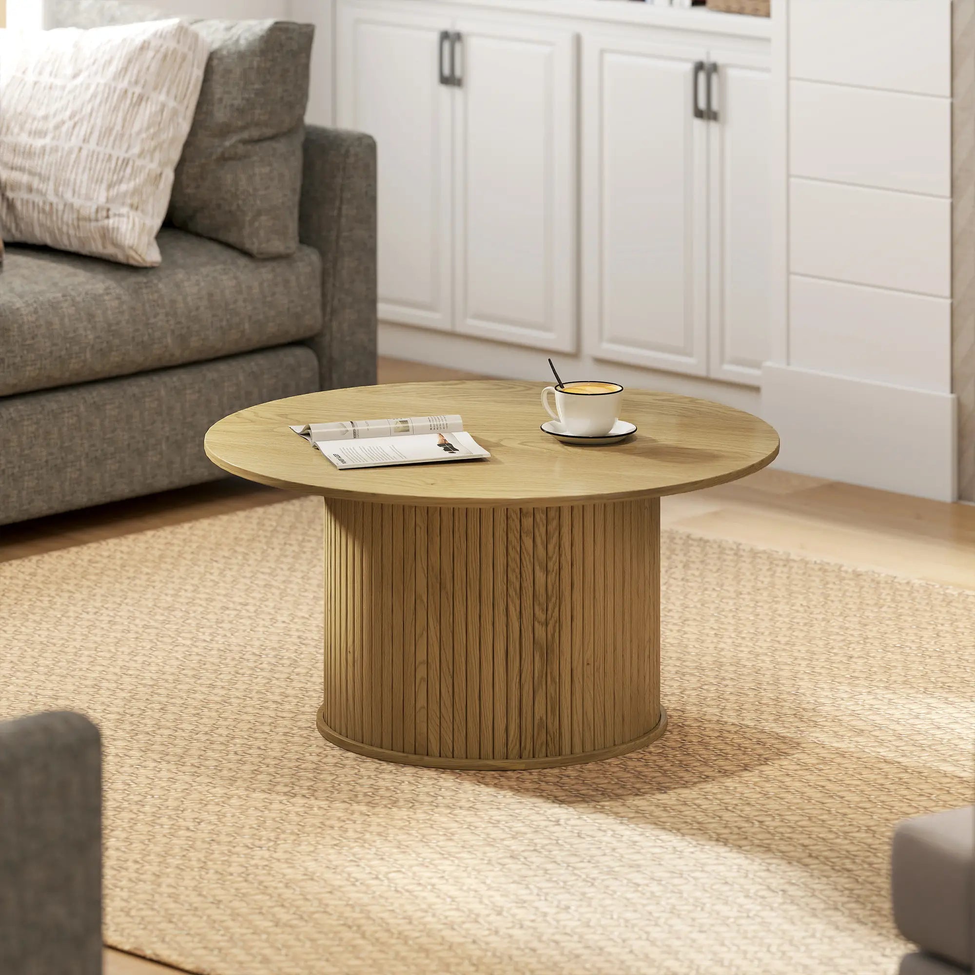 31.5 Inch Round Coffee Table, Nordic Style, Oak Coffee Tables at Gallery Canada