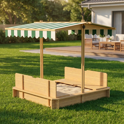 Wooden Kids Sandbox with Cover, Foldable Bench Seats, Adjustable Canopy, Light Brown Sandboxes & Accessories at Gallery Canada