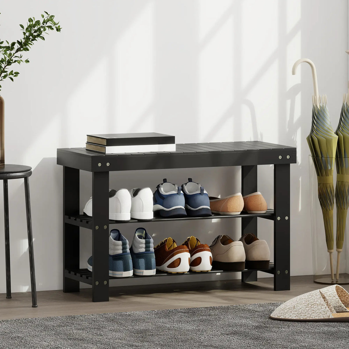 Bamboo Shoe Storage Bench, 3-Tier, 2 Shelves, Holds 6 Pairs, Black Shoe Storage Cabinets & Racks at Gallery Canada