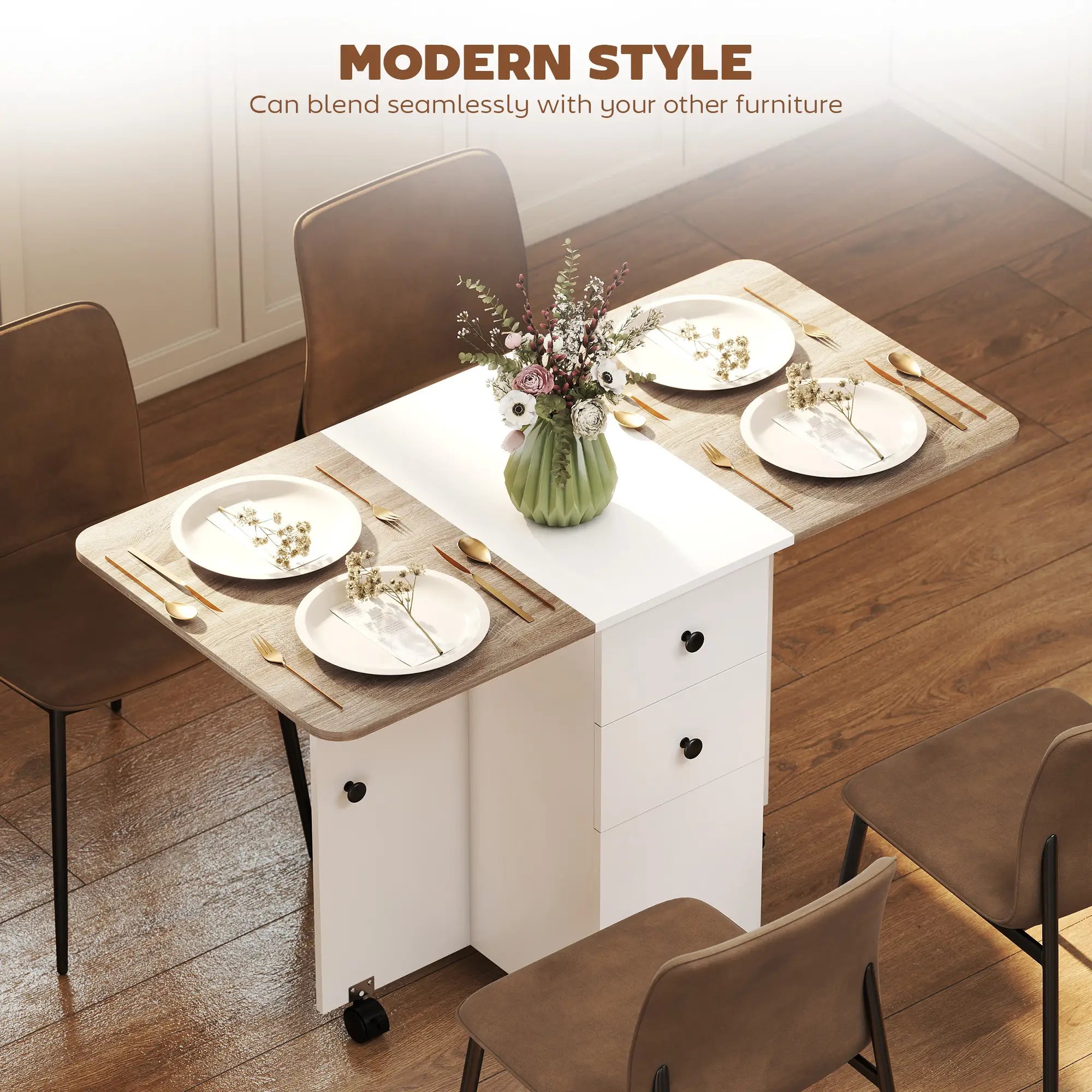 Mobile Drop Leaf Dining Table On Wheels, White And Oak, White Dining Tables at Gallery Canada