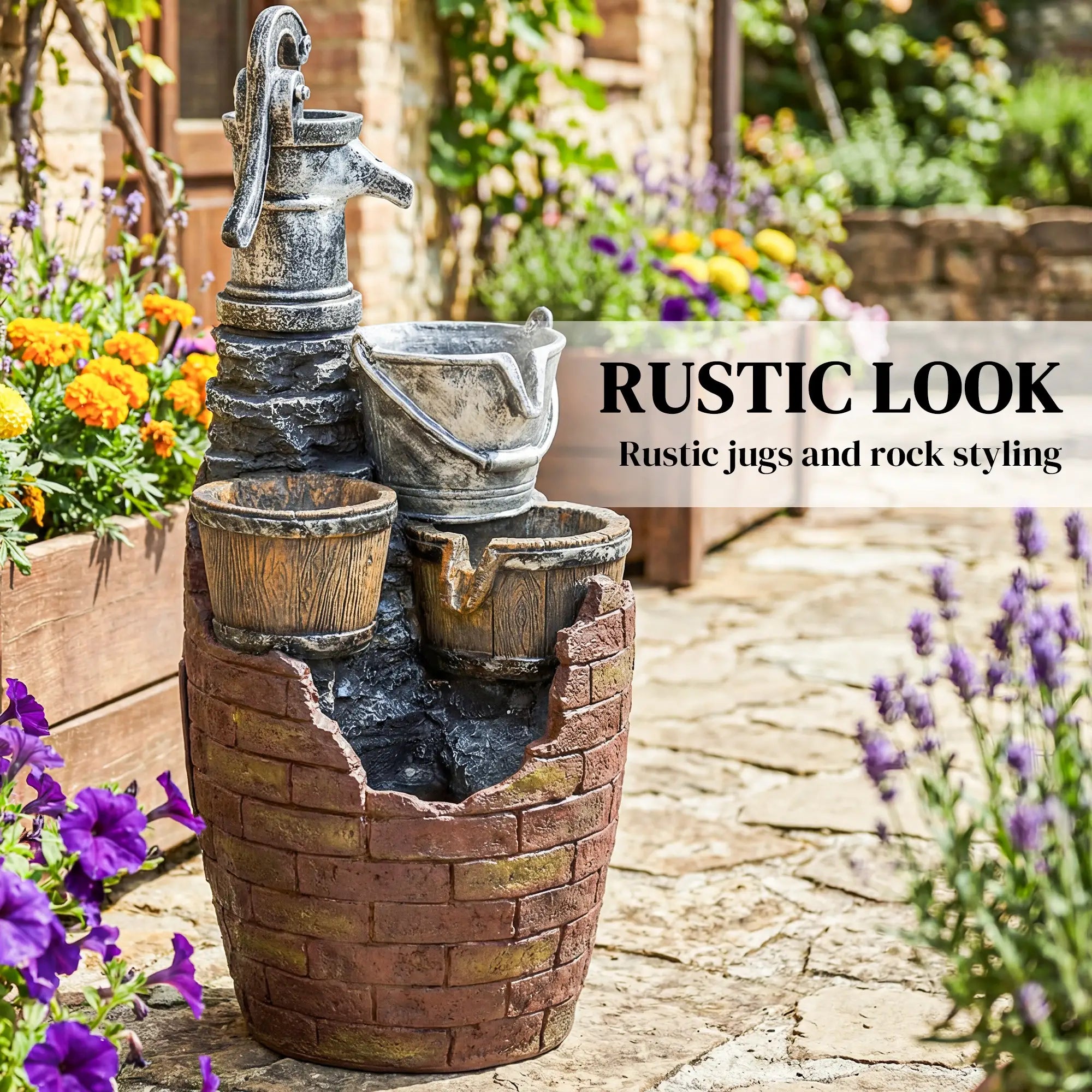 4-Tier Outdoor Fountain With Planter, Cascading Waterfall, LED Lights, Rustic Brown And Grey Water Fountains at Gallery Canada