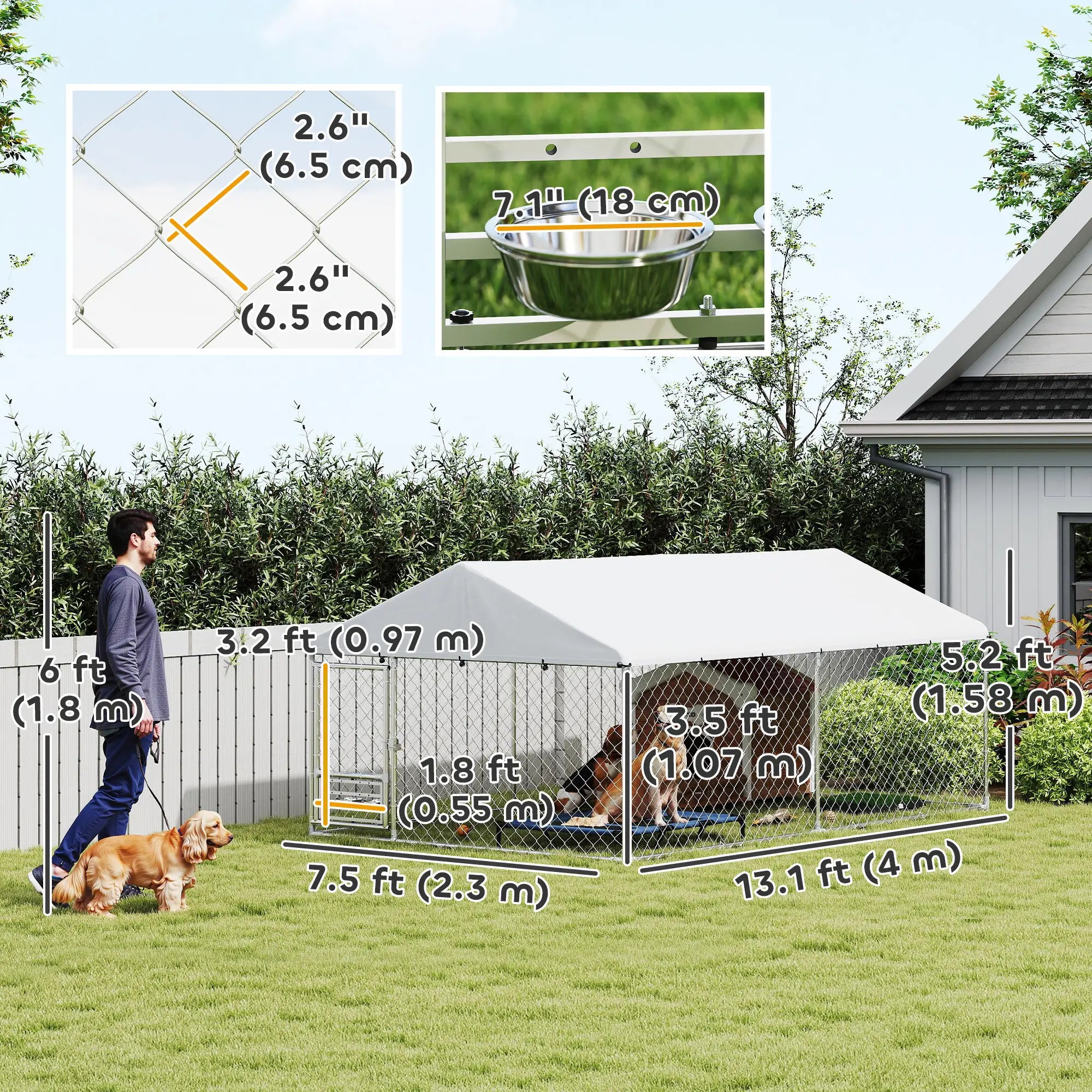 Outdoor Dog Run With Adjustable Bowls, Waterproof Cover, 13.1' x 7.5' x 5.2' Houses, Kennels & Pens at Gallery Canada