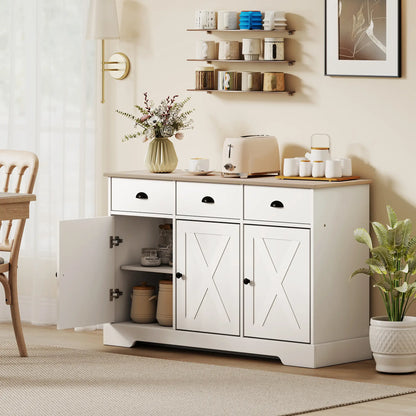 46.5" Buffet Cabinet, Farmhouse Sideboard, 3 Barn Doors, 3 Drawers, White Bar Cabinets at Gallery Canada
