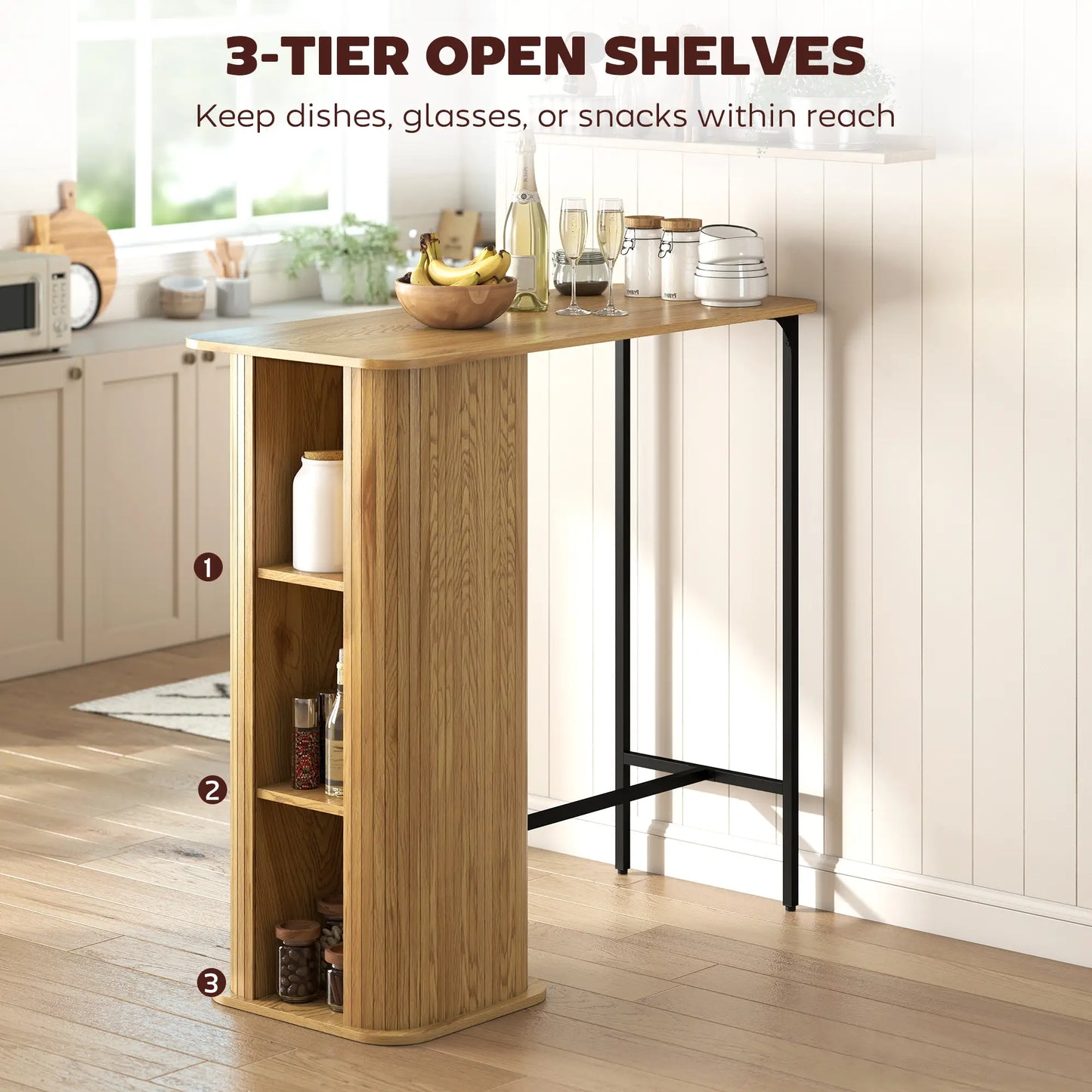 Tambour Bar Height Table, 3 Storage Shelves, Metal Frame, Natural Bar Tables at Gallery Canada