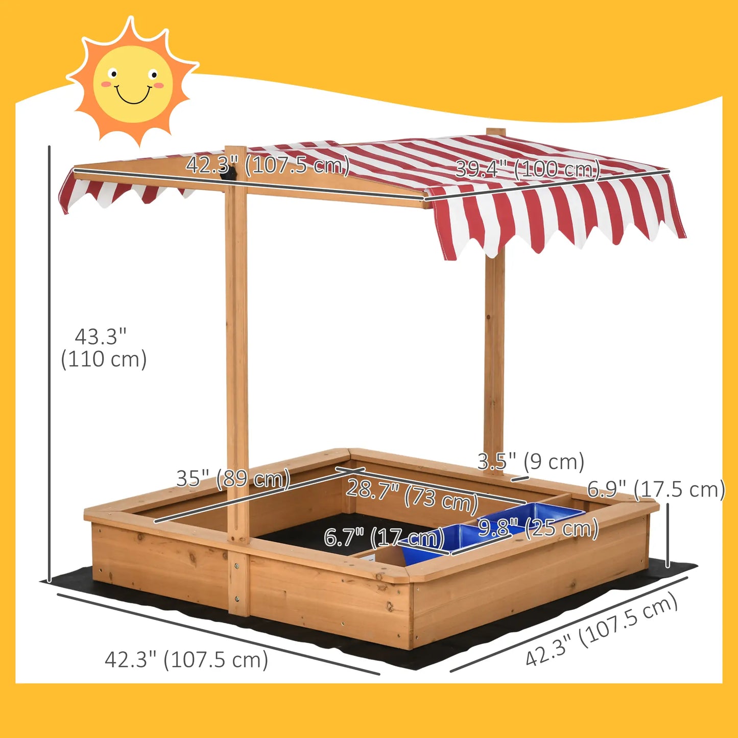 Kids Wooden Sandbox, Adjustable Height Cover, Bottom Liner, Seat, Plastic Basins, for 3-7 Years Sandboxes & Accessories at Gallery Canada