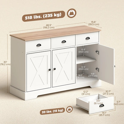 46.5" Buffet Cabinet, Farmhouse Sideboard, 3 Barn Doors, 3 Drawers, White Bar Cabinets at Gallery Canada
