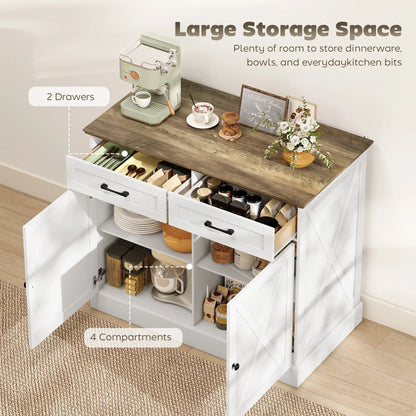 Kitchen Island with Sitting Space, Sideboard Cabinet with 2 Drawers and 2 Adjustable Shelves for Dining Room, White Kitchen Islands & Kitchen Carts at Gallery Canada