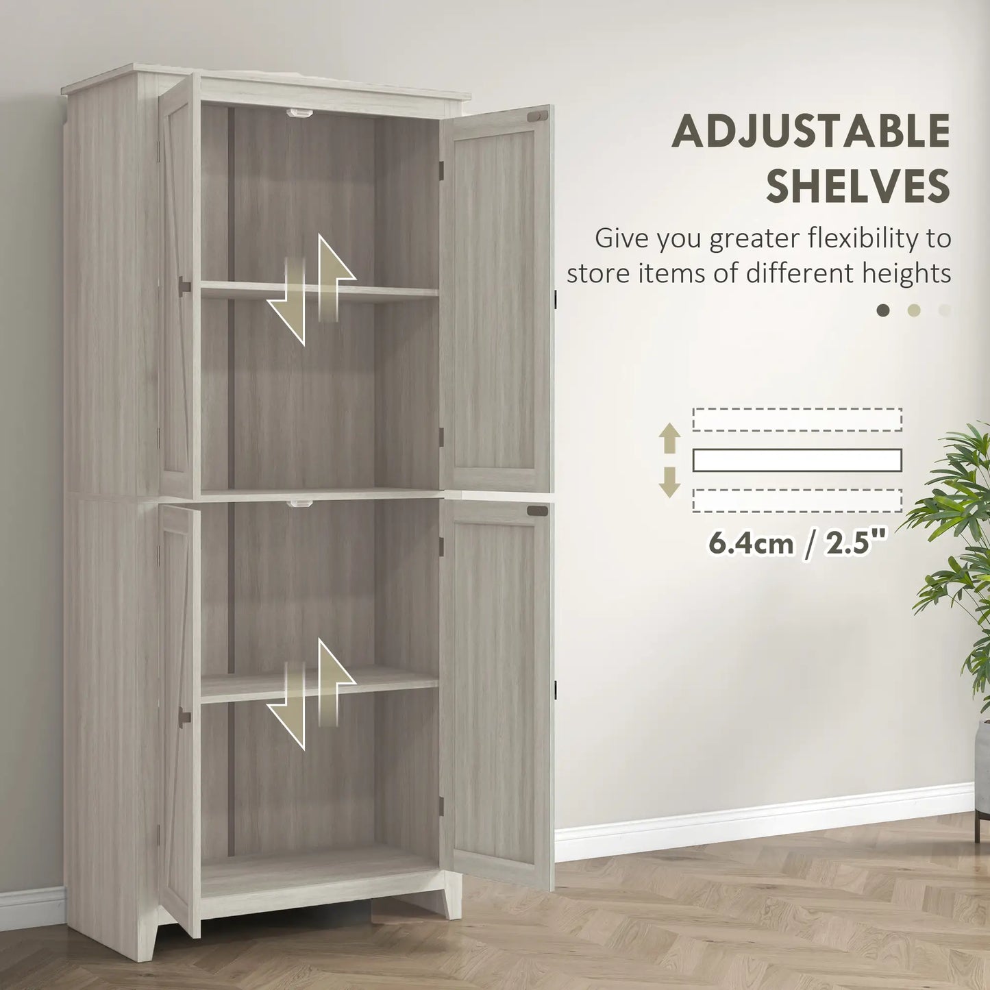 72" Freestanding Storage Cabinet, Kitchen Pantry with Doors, Shelves, Grey Kitchen Pantry Cabinets at Gallery Canada