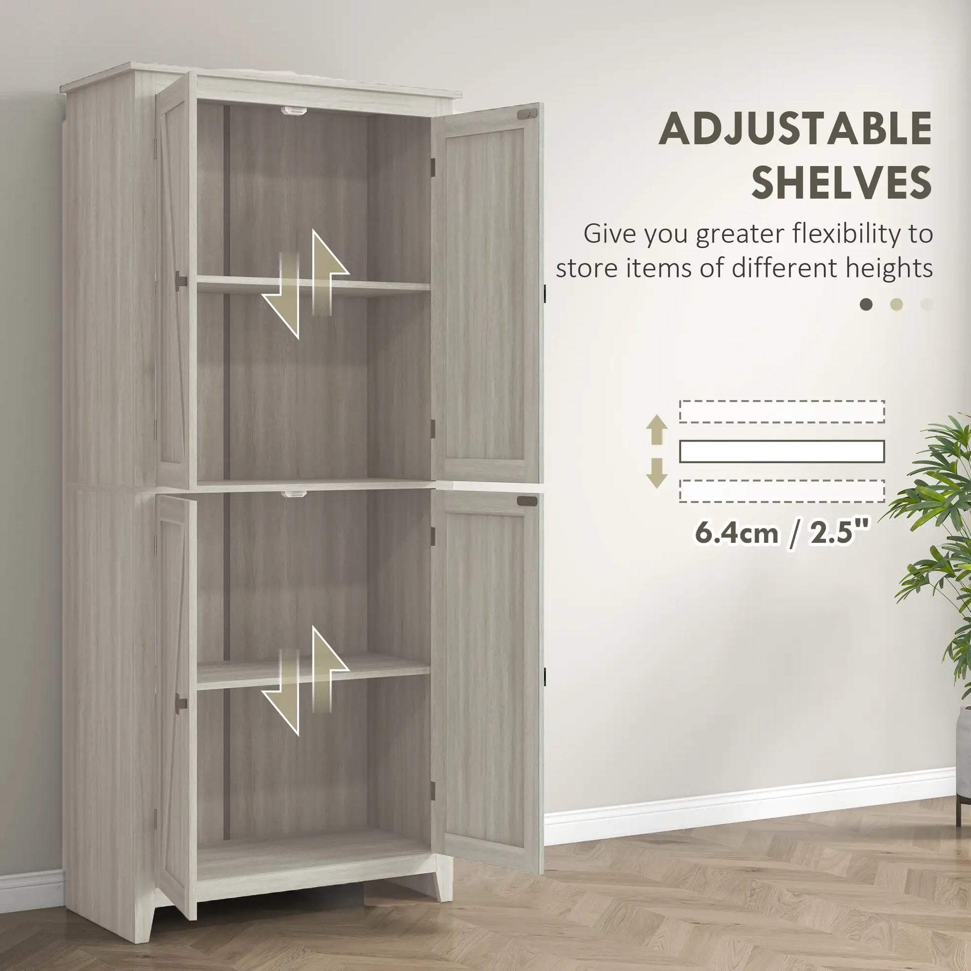 72" Freestanding Storage Cabinet, Kitchen Pantry with Doors, Shelves, Grey Kitchen Pantry Cabinets at Gallery Canada