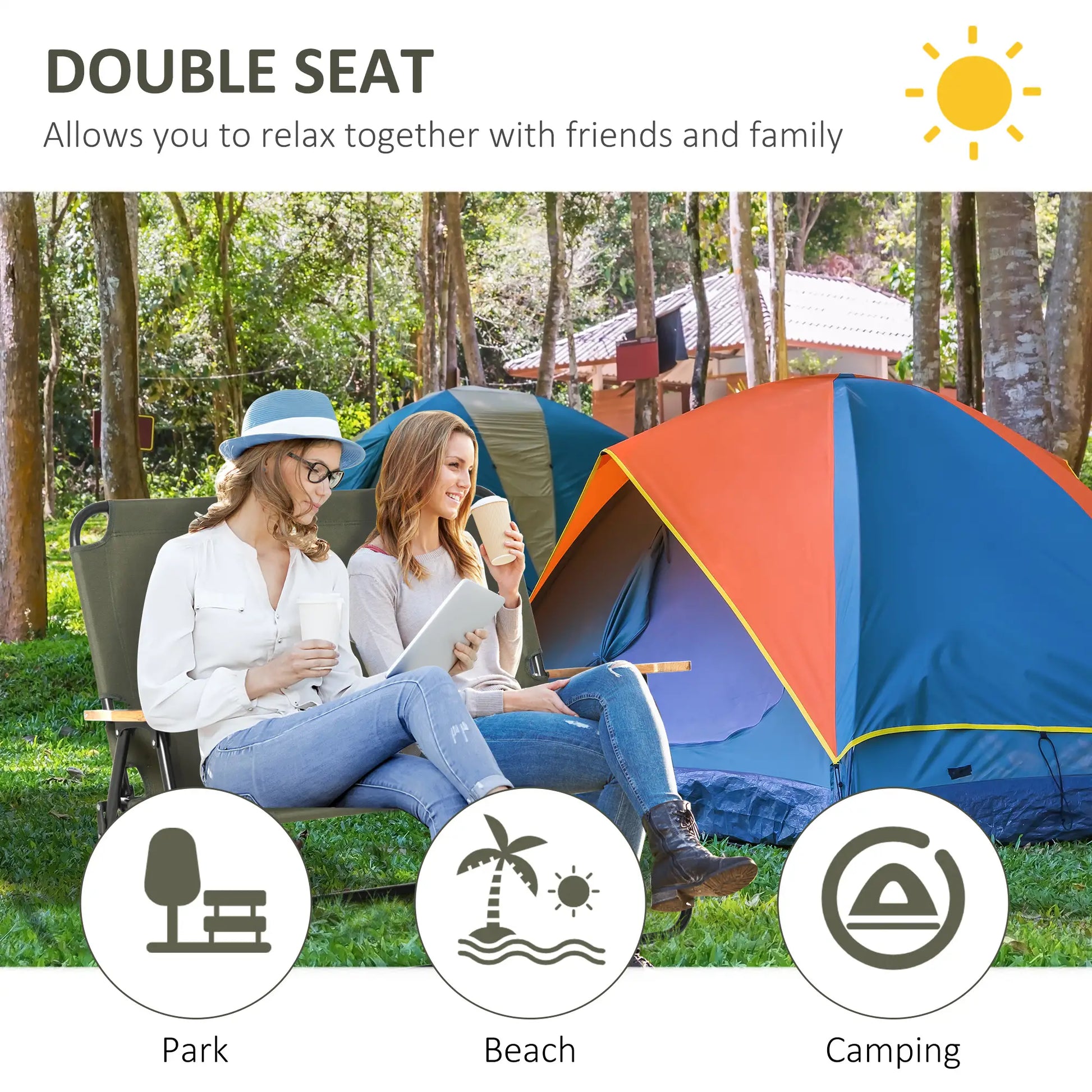 Double Folding Chair, Loveseat Camping Chair for 2, Portable Outdoor Chair, Green Picnic Tables & Camping Chairs at Gallery Canada