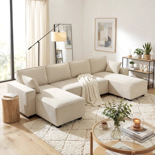 Modular U Shaped Sectional Sofa, Double Chaises, Spring Cushions, Beige