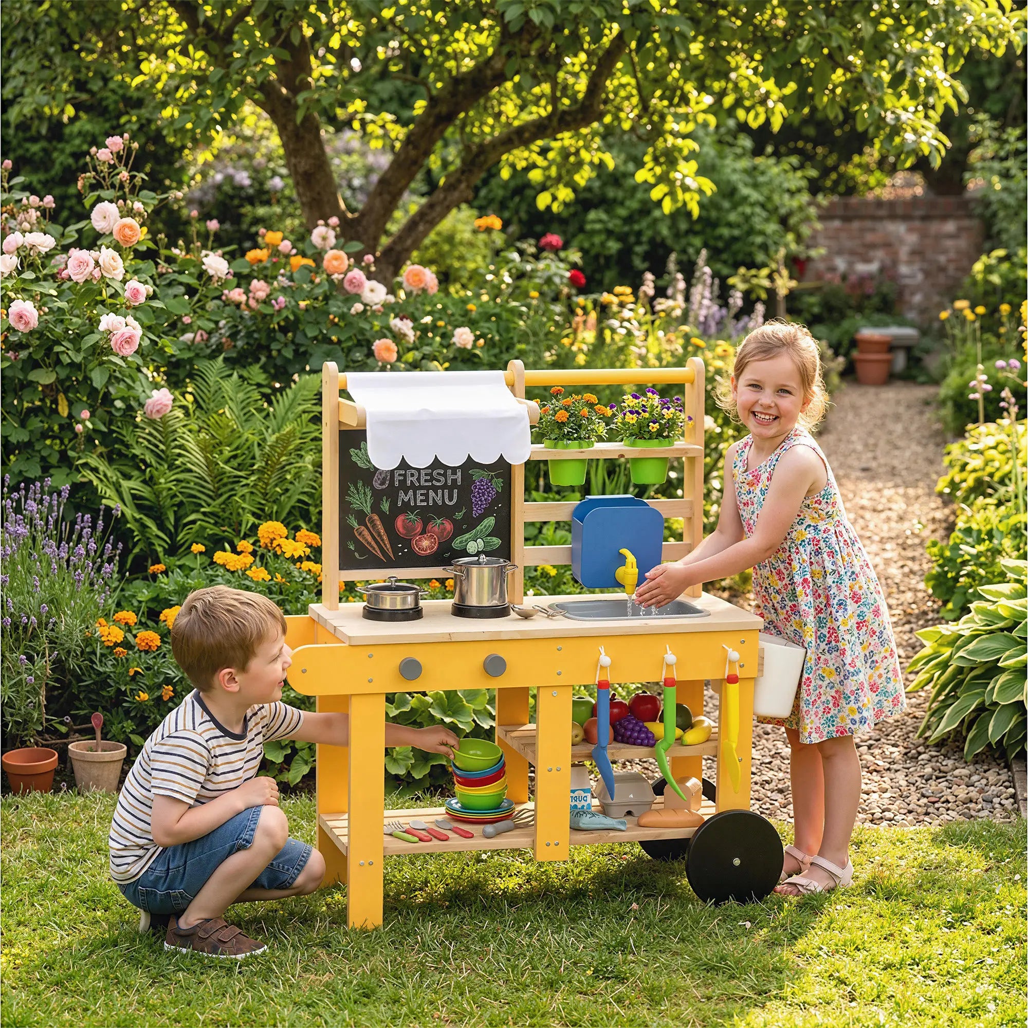 Kids Mud Kitchen With Wheels, Wooden Play Kitchen With Sink, Storage, Planting Pots, Blackboard, Yellow Play Kitchen at Gallery Canada