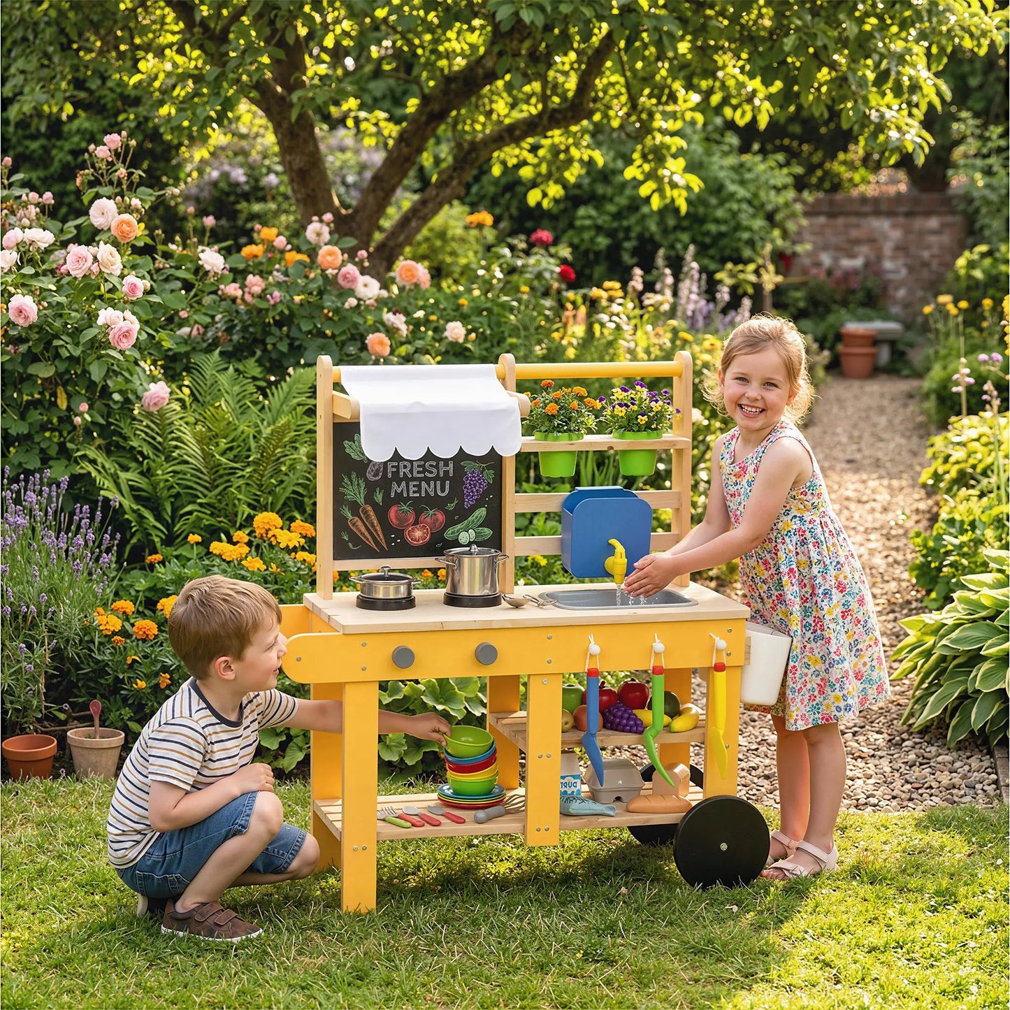Kids Mud Kitchen With Wheels, Wooden Play Kitchen With Sink, Storage, Planting Pots, Blackboard, Yellow Play Kitchen at Gallery Canada