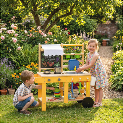 Kids Mud Kitchen With Wheels, Wooden Play Kitchen With Sink, Storage, Planting Pots, Blackboard, Yellow Play Kitchen at Gallery Canada