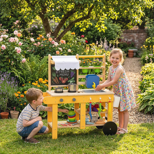 Kids Mud Kitchen With Wheels, Wooden Play Kitchen With Sink, Storage, Planting Pots, Blackboard, Yellow Play Kitchen Yellow at Gallery Canada
