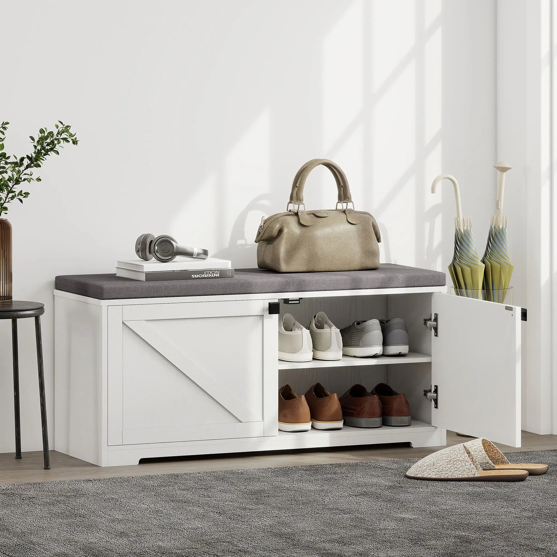 Shoe Storage Bench with Padded Seat, 8 Pairs, White Wood Grain, White Shoe Storage Cabinets & Racks at Gallery Canada