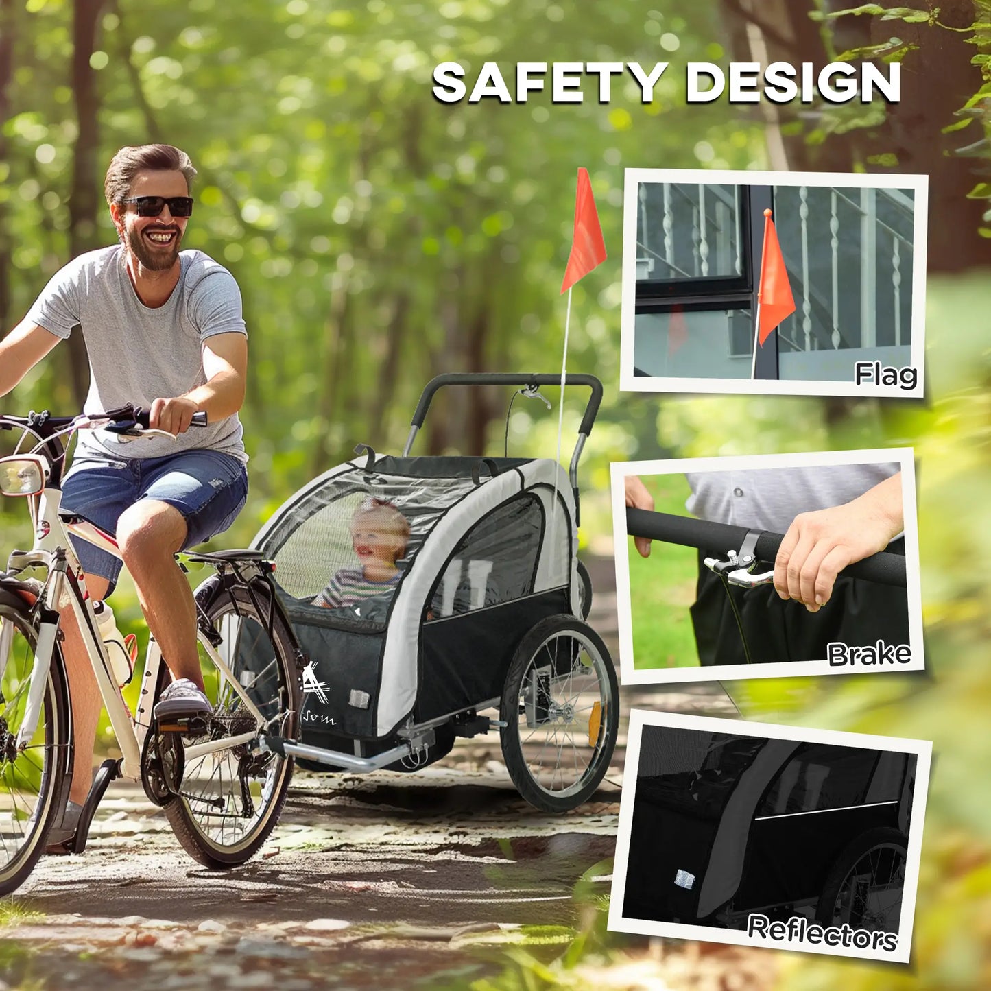 2-in-1 Bike Trailer, Foldable 2-Seat Stroller, 5-Point Harness, Black Kids Bike Trailers at Gallery Canada