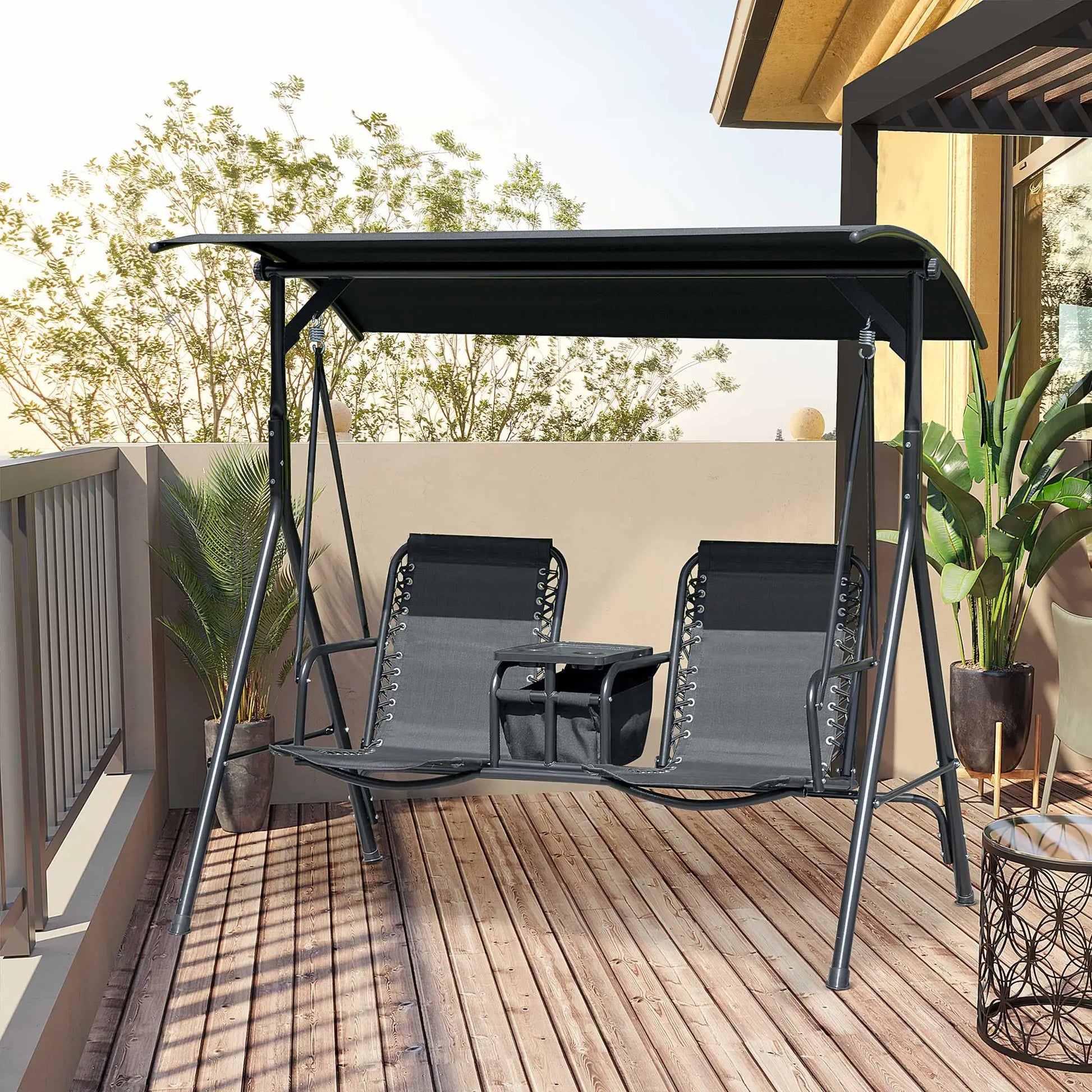 2 Person Porch Swing with Storage Table, Cup Holder, Canopy, Black Patio Swings with Stand at Gallery Canada