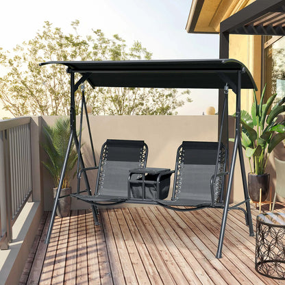 2 Person Porch Swing with Storage Table, Cup Holder, Canopy, Black Patio Swings with Stand at Gallery Canada