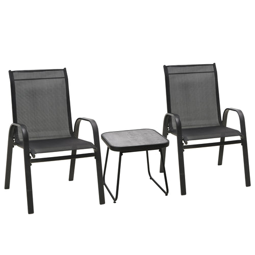 Outdoor Bistro Set of 3, 3 Piece Patio Set with Breathable Mesh Fabric, Stackable Chairs and Square Table, Black