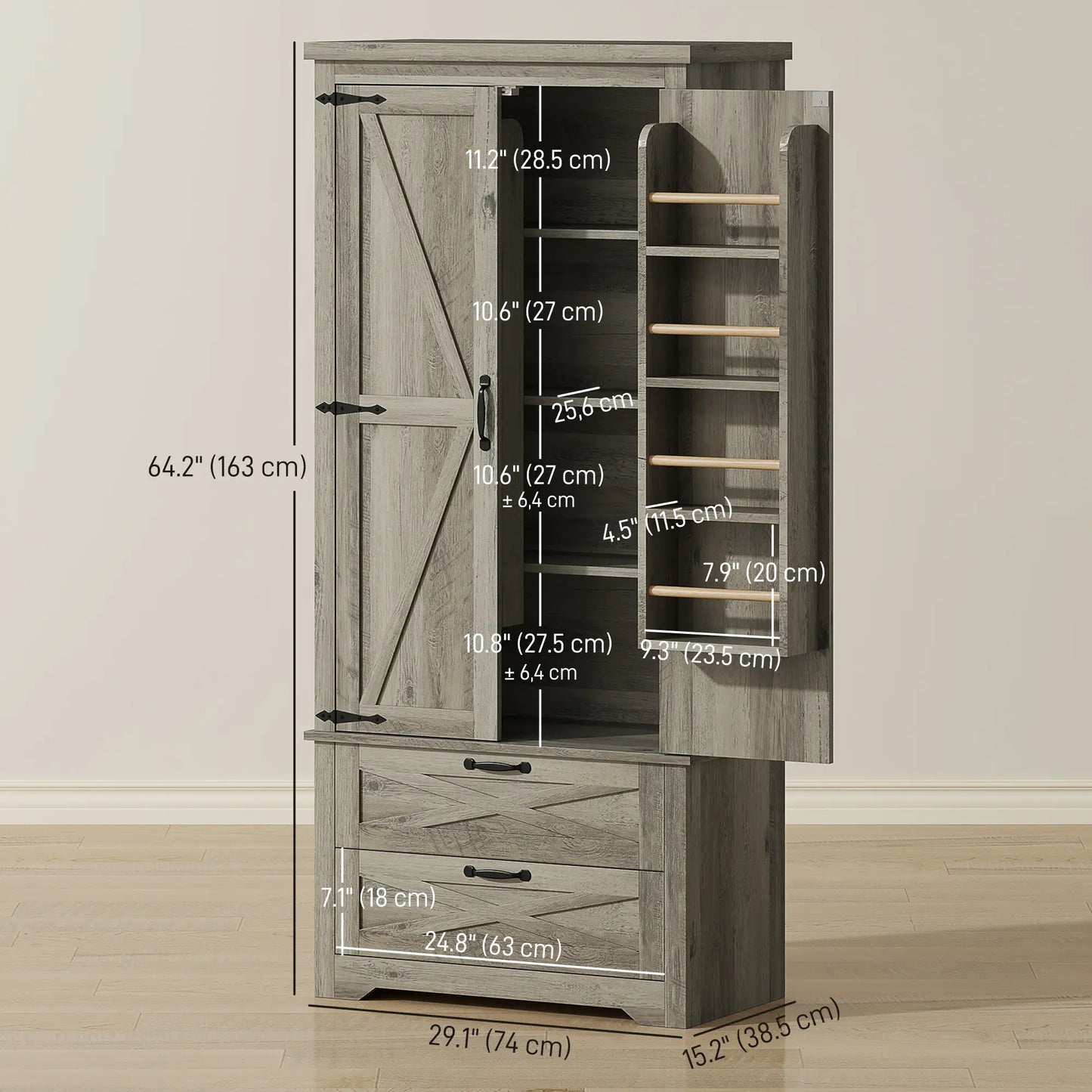 Farmhouse Kitchen Pantry Cabinet, 64" Freestanding with Drawers, Distressed Grey, Grey Kitchen Pantry Cabinets at Gallery Canada