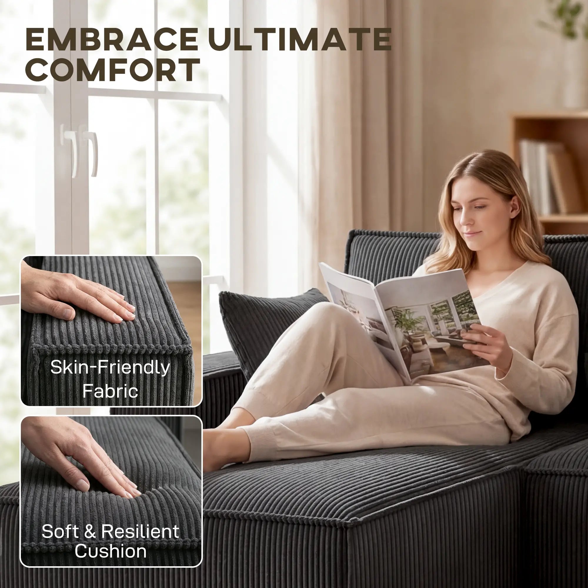 Modular U Shaped Sectional Sofa, Double Chaises, Spring Cushions, Dark Grey L Shaped Couchs at Gallery Canada
