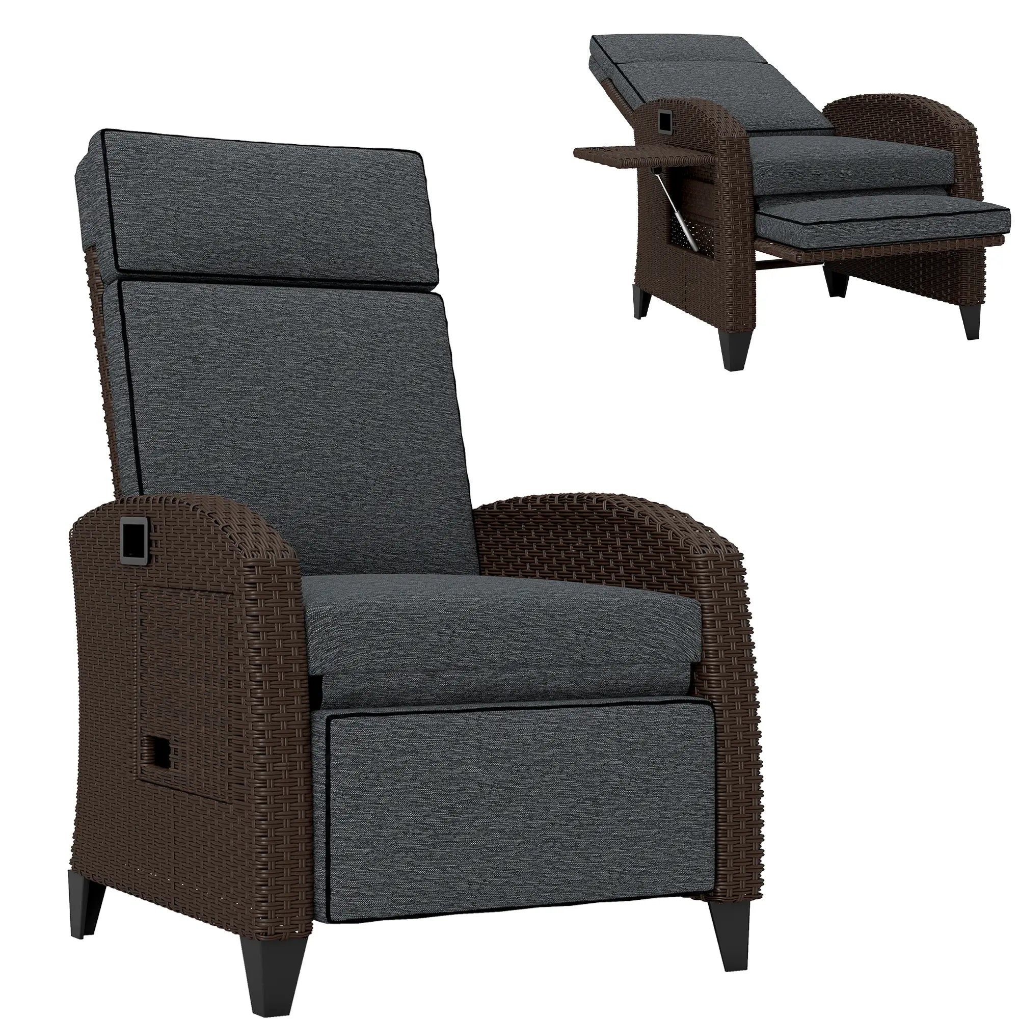 Outdoor Recliner Chair, Adjustable Backrest, Cushion, Side Tray, Dark Grey Wicker Chaise Loungers at Gallery Canada