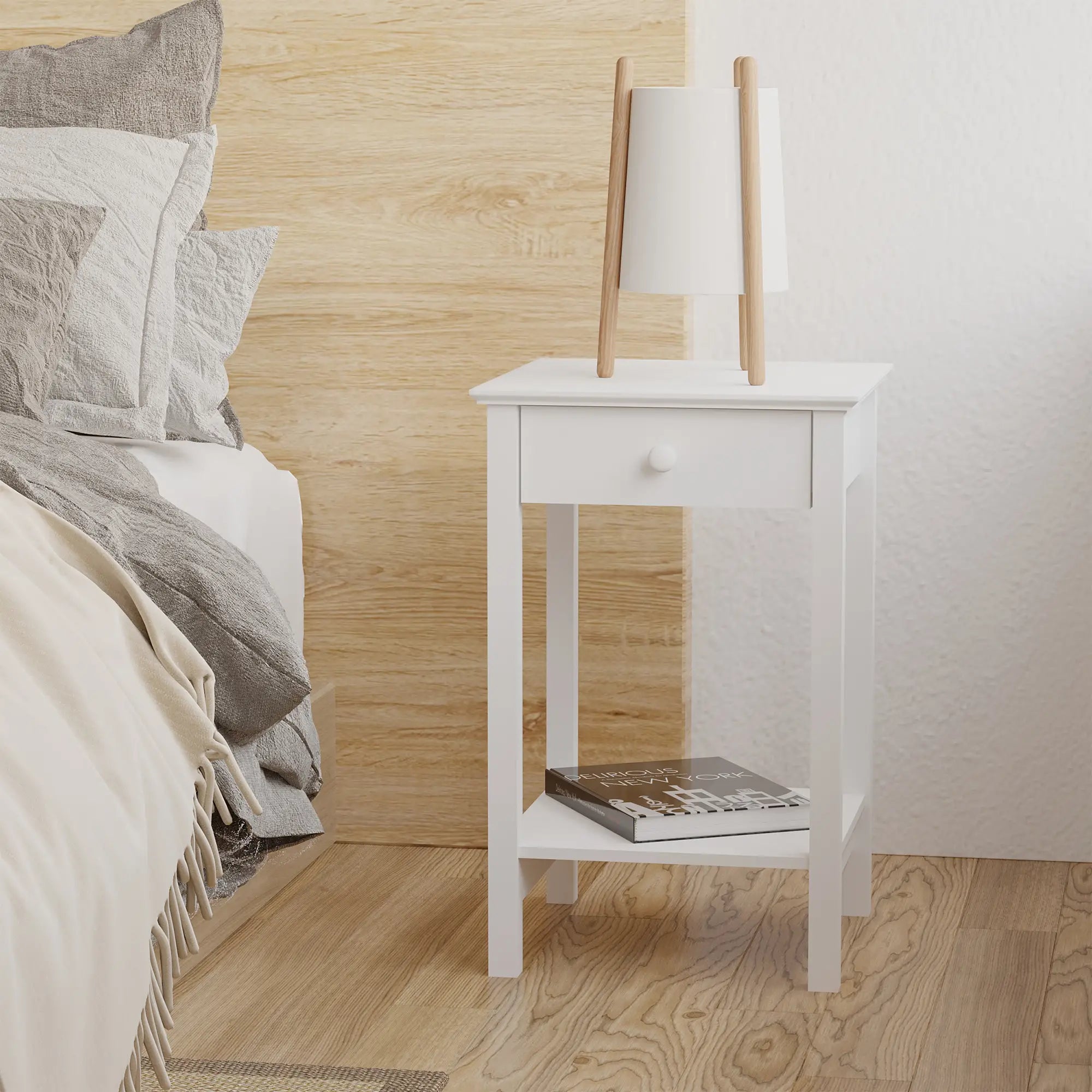 Multipurpose Bedside Table with Drawer, Storage Shelf, White Side Tables at Gallery Canada
