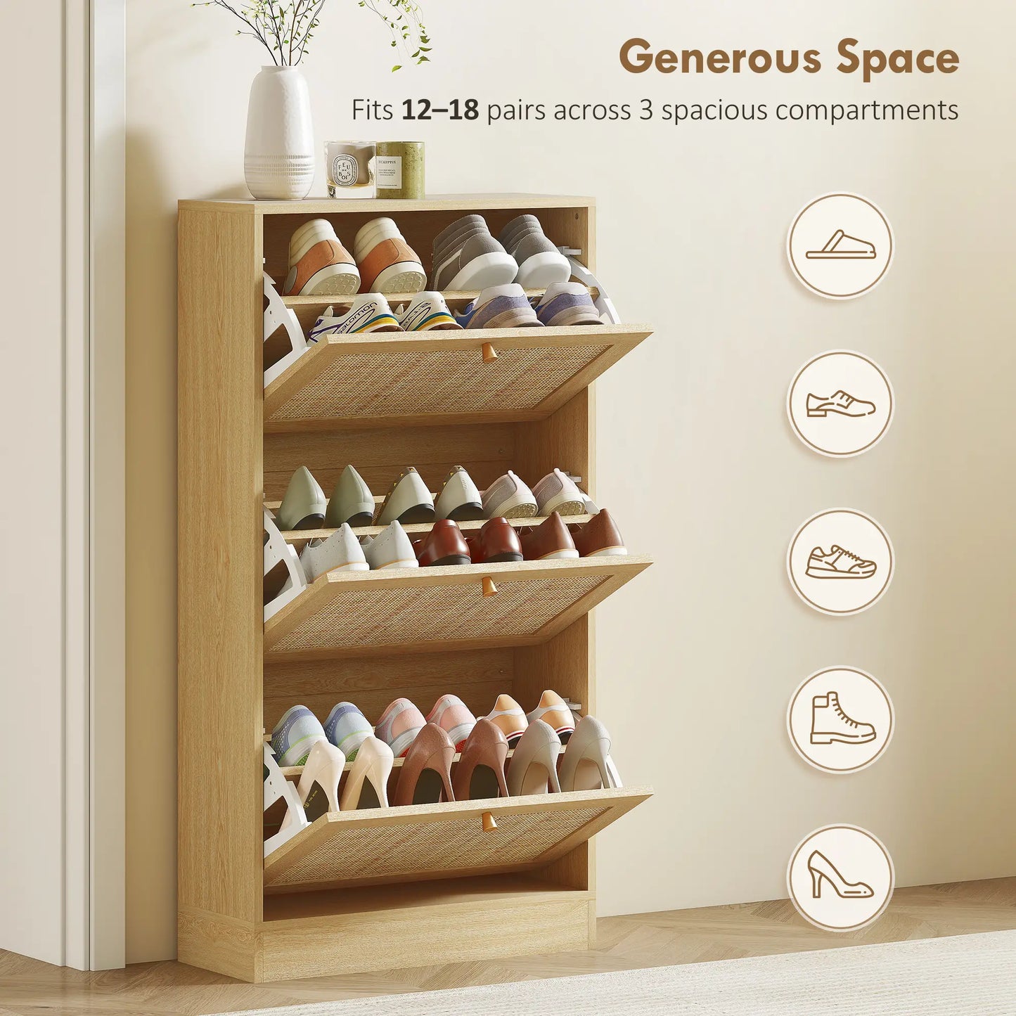 Rattan Shoe Cabinet, 3 Flip Drawers, Adjustable Shelves, 18 Pairs, Oak Shoe Storage Cabinets & Racks at Gallery Canada