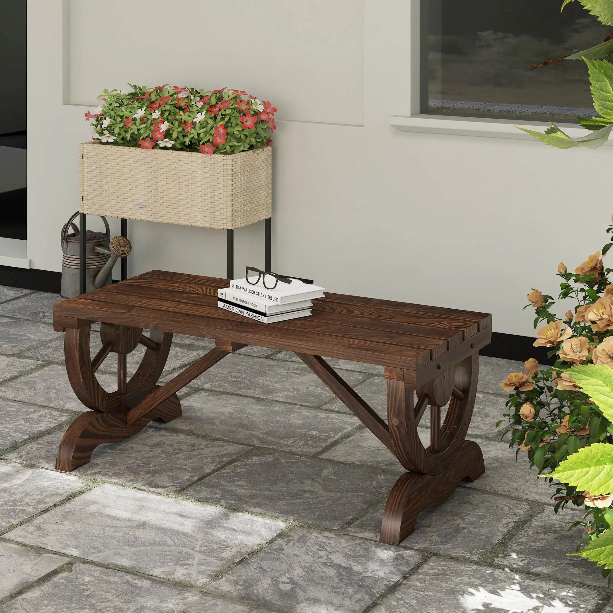 Rustic Wood Wheel Outdoor Garden Bench, 2-Person, Brown Outdoor Benches at Gallery Canada