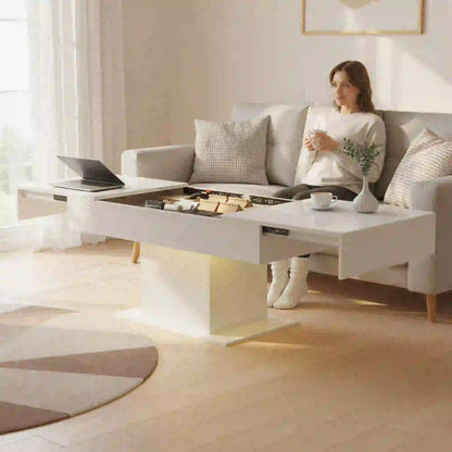 Extendable Coffee Table with LED Lights, Modern High Gloss Center Table with Hidden Storage, White Coffee Tables at Gallery Canada