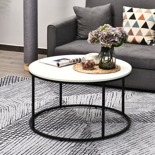 Round Coffee Table Sofa Side Table with a Modern Design, Black Metal Frame and Easy Maintenance, White