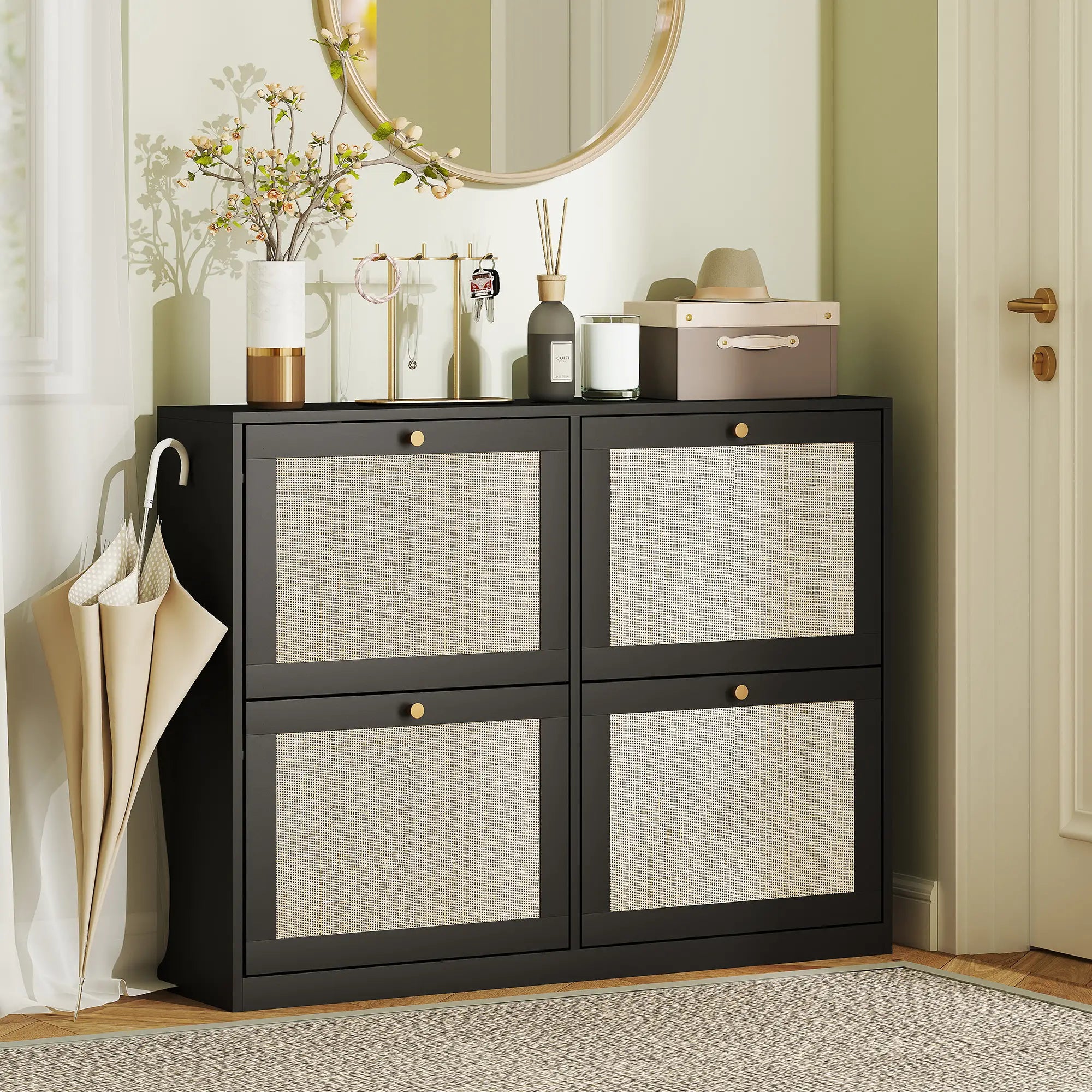 Narrow Shoe Storage Cabinet, 4 Flip Drawers, Adjustable Shelves, 20 Pairs, Black Shoe Storage Cabinets & Racks at Gallery Canada
