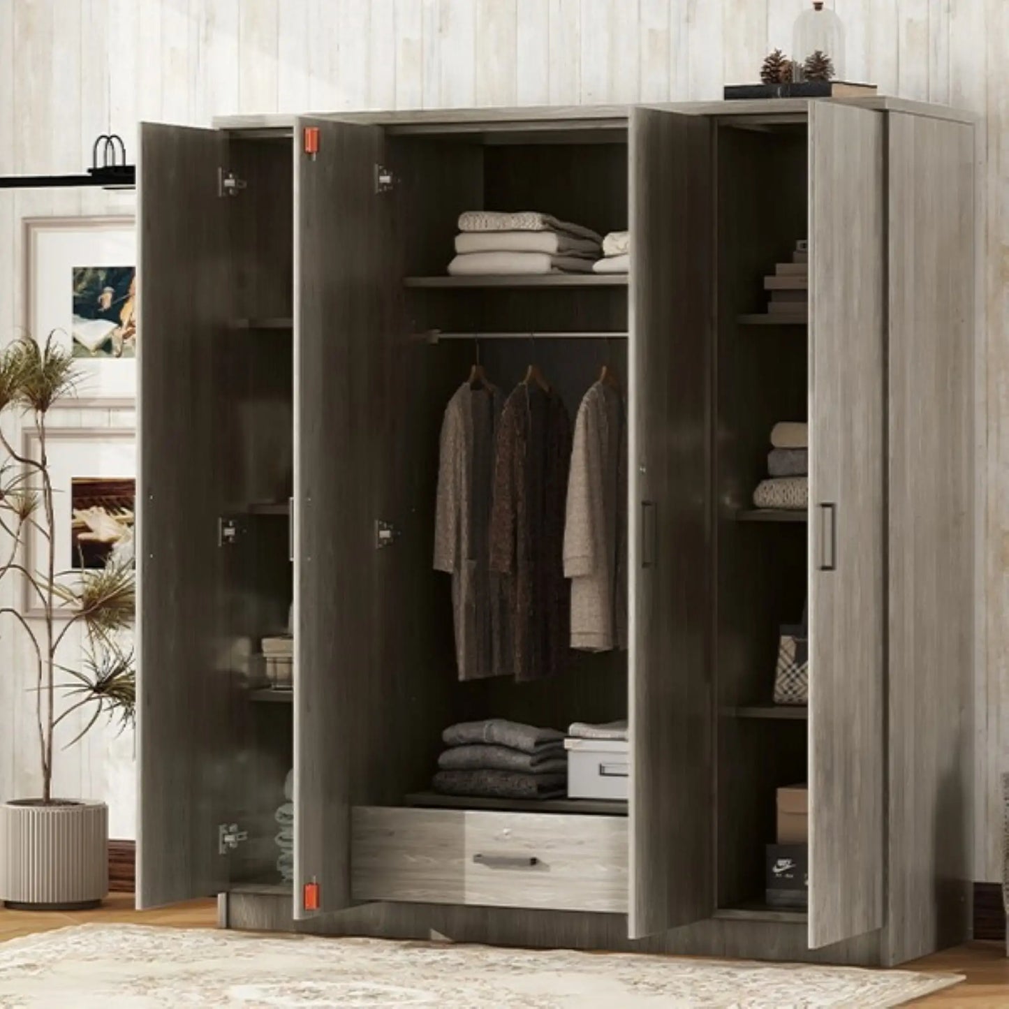 Wardrobe with Hanging Rail, Locking Drawer, Black Handles, 59" L x 20" W x 68" H, Grey Clothing Storage at Gallery Canada