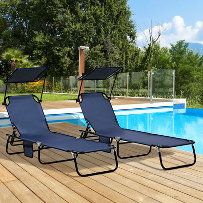 2 Piece Folding Chaise Lounges, Reclining Back, Sunshade, Blue Lounger Chairs at Gallery Canada
