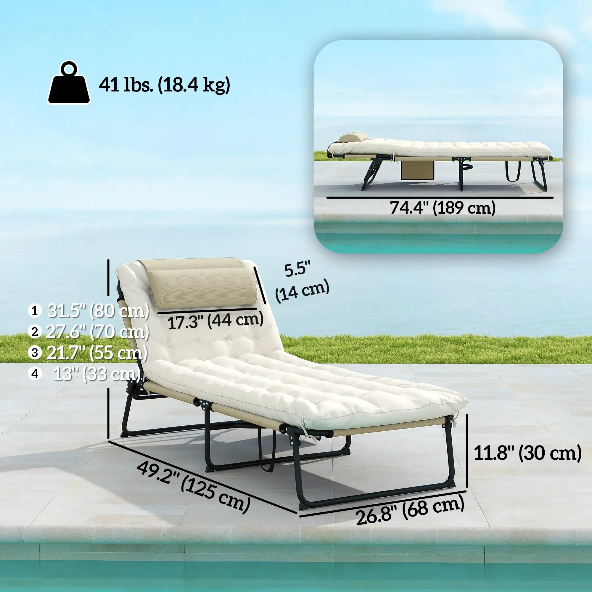 2-Piece Folding Lounge Chairs, Adjustable Backrest, Cushion, Side Pocket, Headrest, Beige Lounger Chairs at Gallery Canada